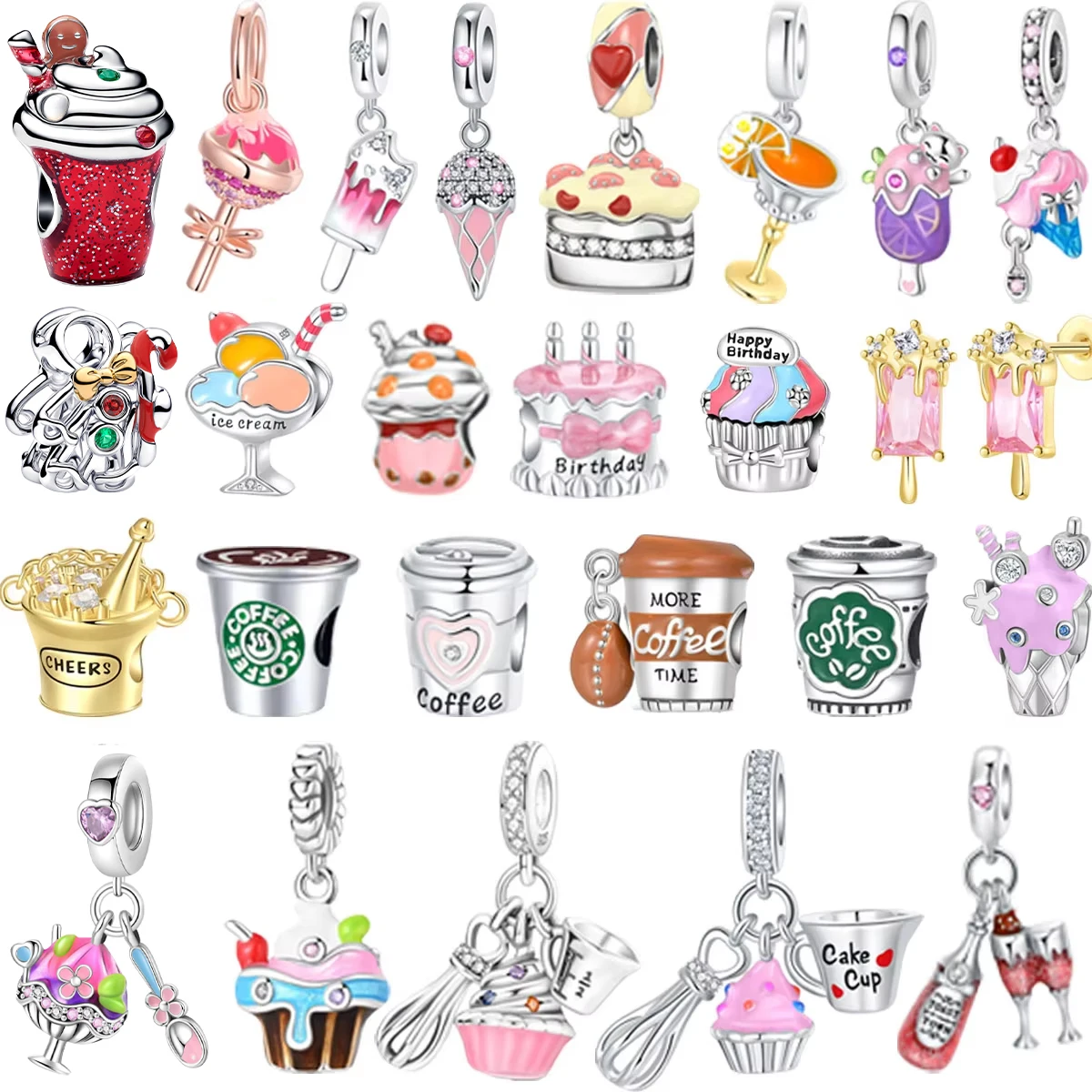 Original 925 Sterling Silver Charms Cake Ice Cream Coffee Gingerbread Beads Pendant Bracelets Necklaces Women DIY Jewelry Gift