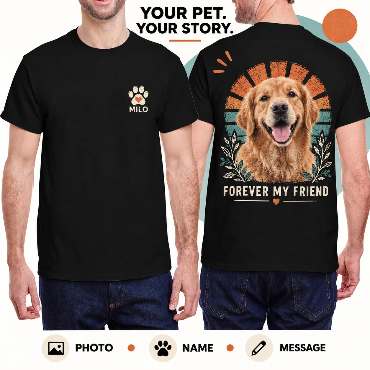 Custom Dog Cat Photo T Shirt Personalized Pet Face Name Text Short Sleeve Crew Neck Casual Unisex Tee for Animal Lover Gift