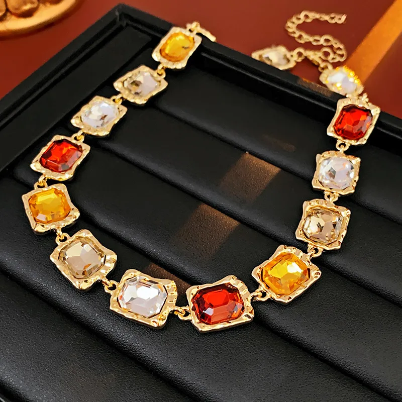 French retro color crystal geometric necklace earring set superior sense of palace temperament gem collar chain necklace