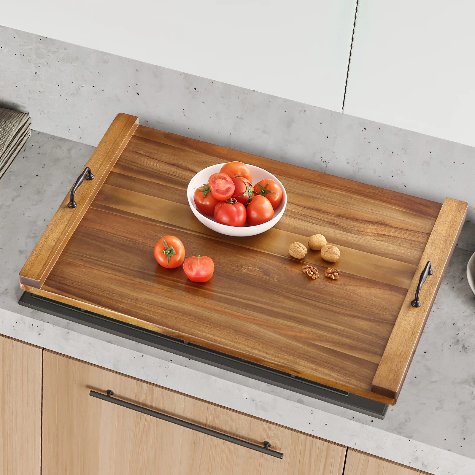 Extra-Thick Acacia Wood Pasta Board Stove Cover, 30x22 Inch Handles, Fits Electric & Gas Burners, RV Stove Top/Wash Basin Cover, Rustic Cutting & Cold Cuts Board Board Tray