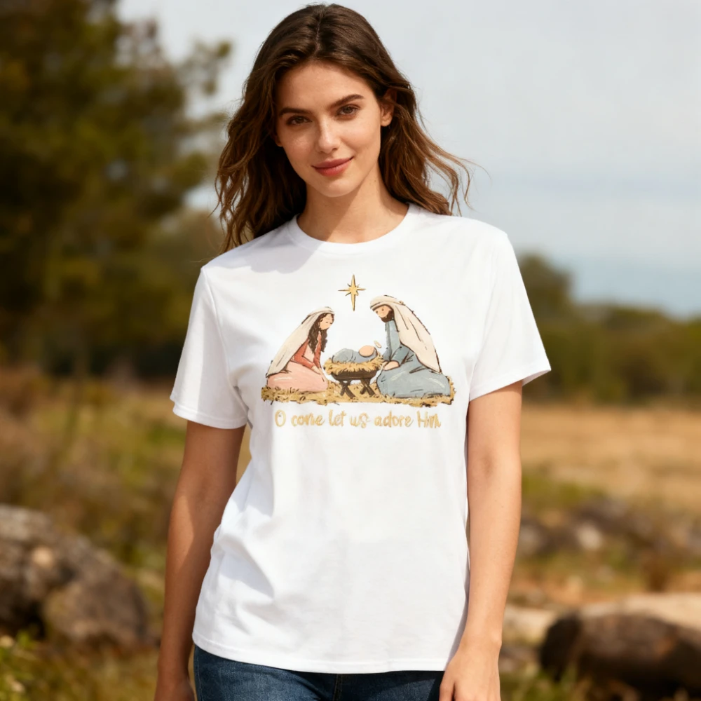 

O Come Let Us Adore Him Shirt Christmas New Year TShirt The Birth of Jesus Printed Tee Christianity Christmas Gift Men Women Top