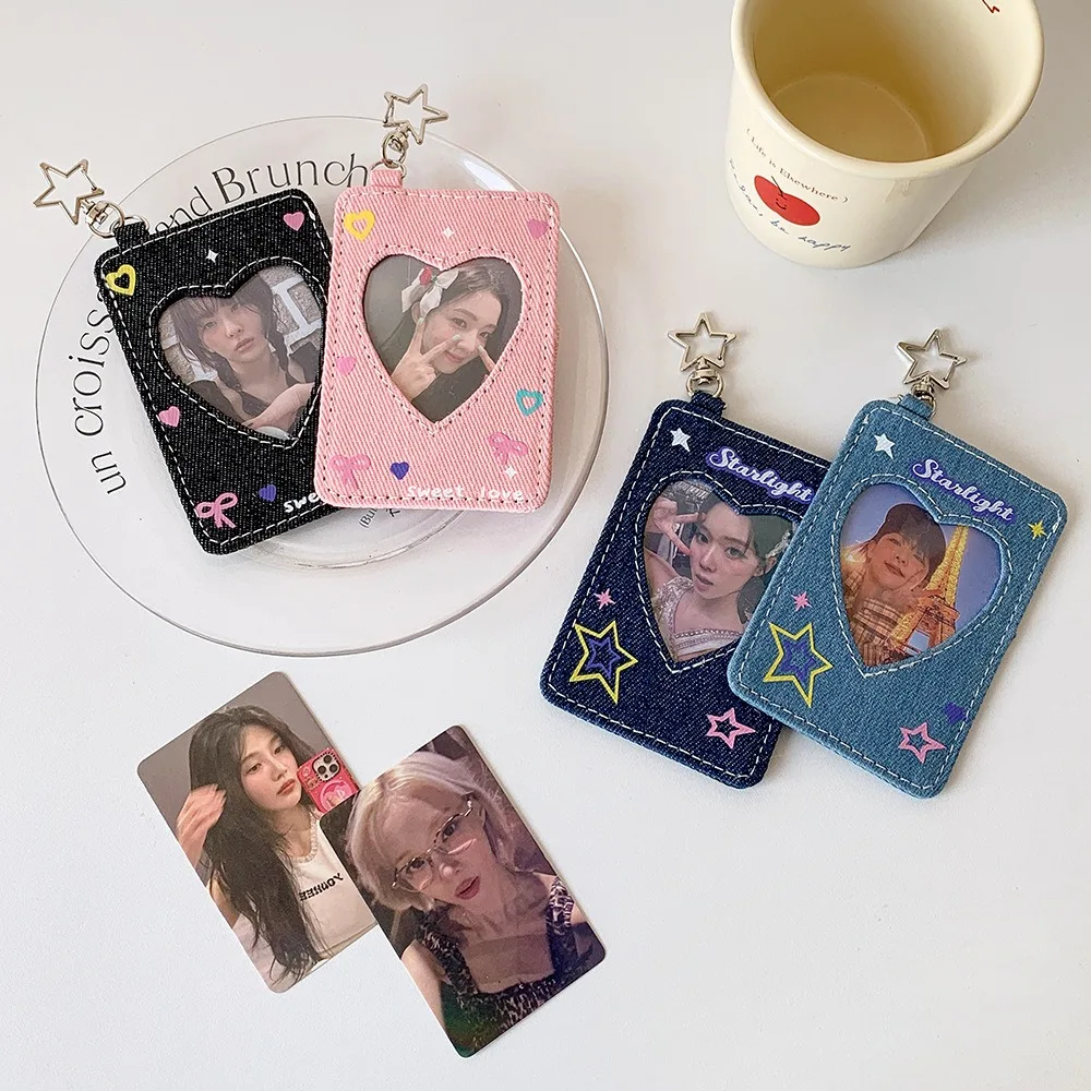 إطار من قماش الدنيم لتخزين بطاقات الصور من Kpop Idol مع سلسلة مفاتيح مقاس 3 بوصات وحامل بطاقات هدايا لفتاة المدرسة وحامل ملاحظات