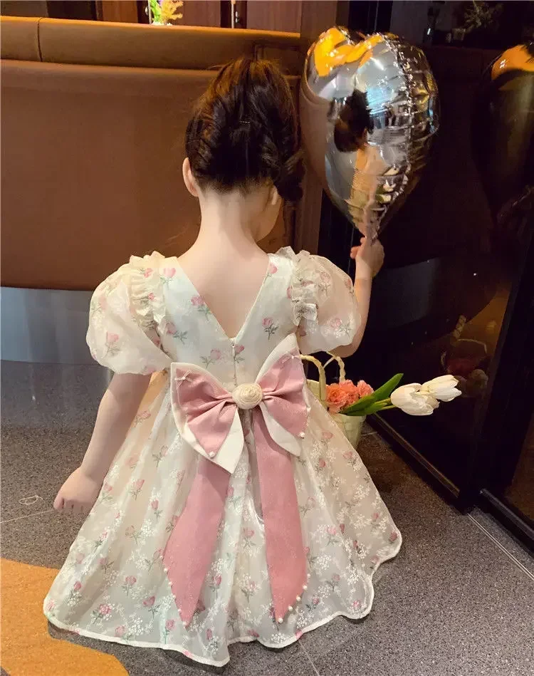 Sommer Mädchen 1–8 Jahre Blumenrosen Prinzessin Kleid Spitze abgestufte Schleife hinten Perlenakzent knielang Party Geburtstagsfeier – Detail 18