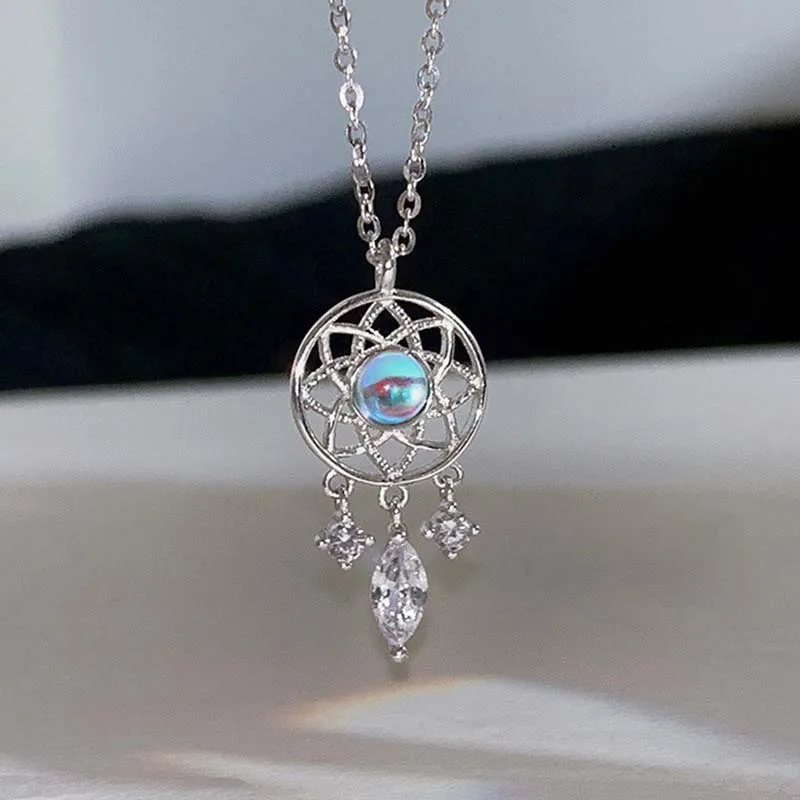 Fashion Silver Color Dream Catcher Zircon Pendant Necklace for Women Couples Vintage Tassel Moonstone Charm Necklace Jewelry