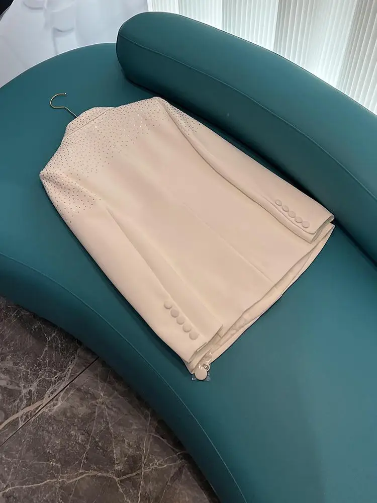 2025년 신상 셀레브리 패셔너블 원버튼 슬림핏 수트, 라인스톤 자켓과 스커트 세트, 여성 출퇴근복