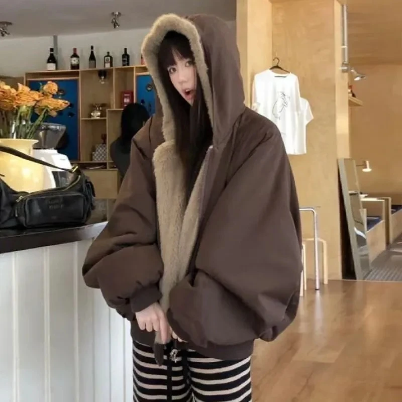 

Double-Sided Hooded Parka Cotton Jacket Winter Versatile Loose Women's Hooded Fleece Coat Warm Outerwear Top w1642