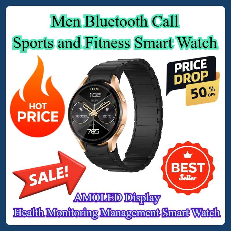 Men Bluetooth Call Sports and Fitness Smart Watch AMOLED Display Health Monitoring Management Smart Watch