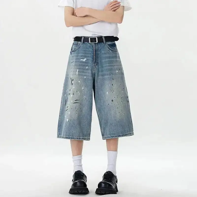 IEFB Fashion Men's Denim Trousers Contrast Color Splash Ink Short Pants Triacetate Fiber Winter Collection Male Model