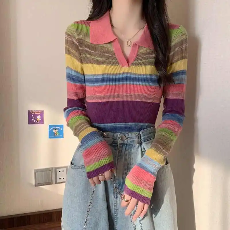 Rainbow Striped Women's Short Knitted Sweater Polo Collar Fashionable Versatile Slim Fit Base Sweater 2024 Autumn/Winter New Top