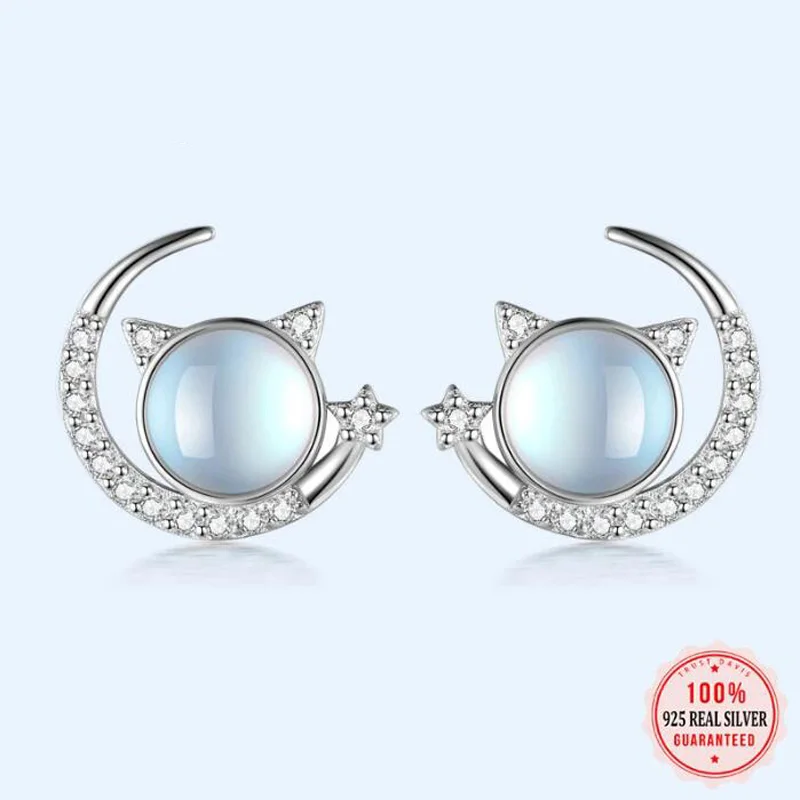 Real 925 Sterling Silver Moon Cat Moonstone Dazzling CZ Stud Earring For Women Wedding Fine S925 Jewelry Brincos de Prata DA2917