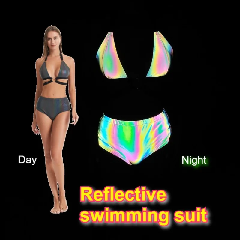 Women's Holographic Rainbow Reflective Bikini Set Cyber Style Sexy Ring Strappy Split Swimsuit Flash Dark Beach Bathing Swimwear