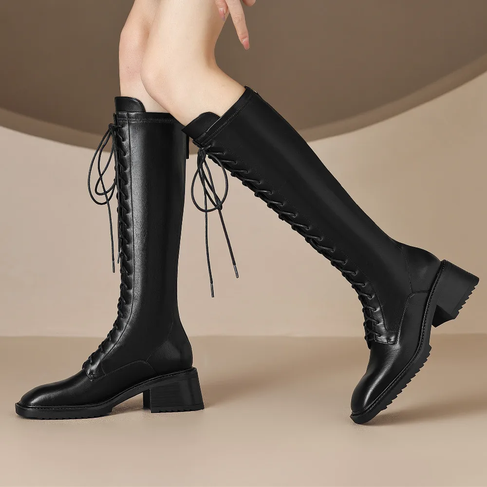 Women\'s autumn lace-up knee high knight boots sqaure toe back zip long winter high boots great pu leather daily motorcycle boots