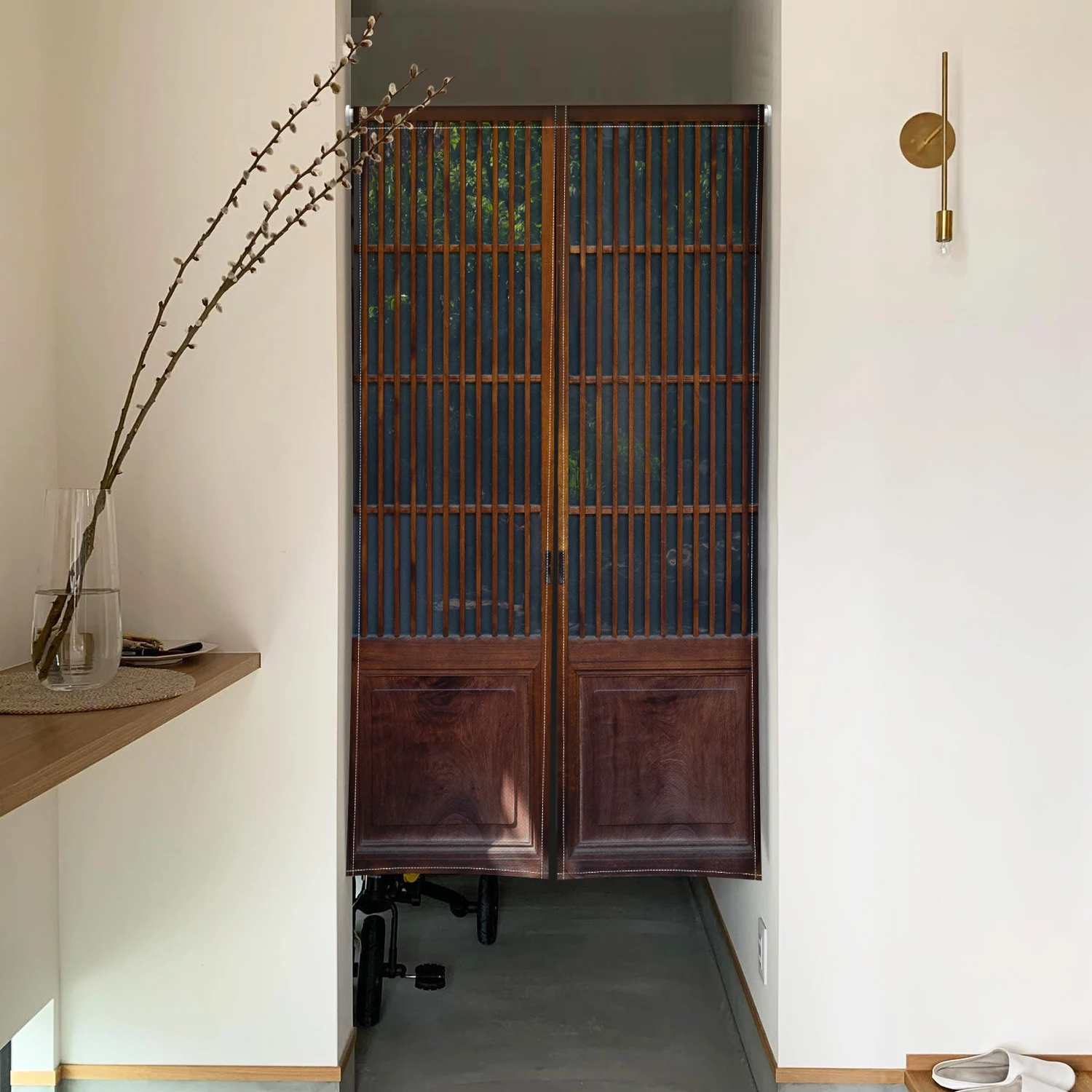 Retro Wood Grain Noren Door Curtains Japanese Style Grid Wooden Panel Linen Doorway Curtain Home Decor Room Divider Half Curtain