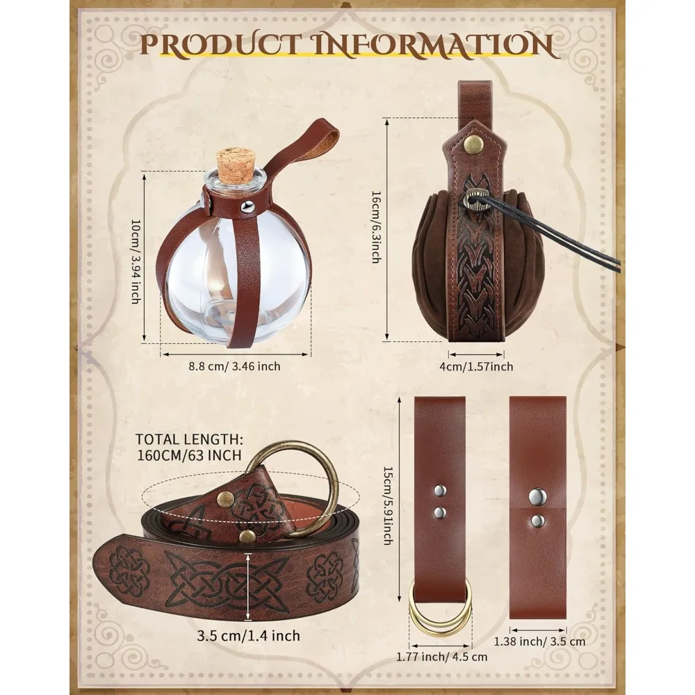 6 Pcs Renaissance Belt, Medieval Viking Belt Potion Bottles Leather Belt Pouch Skirt Hikes, Cosplay Costumes & Accessories Sets