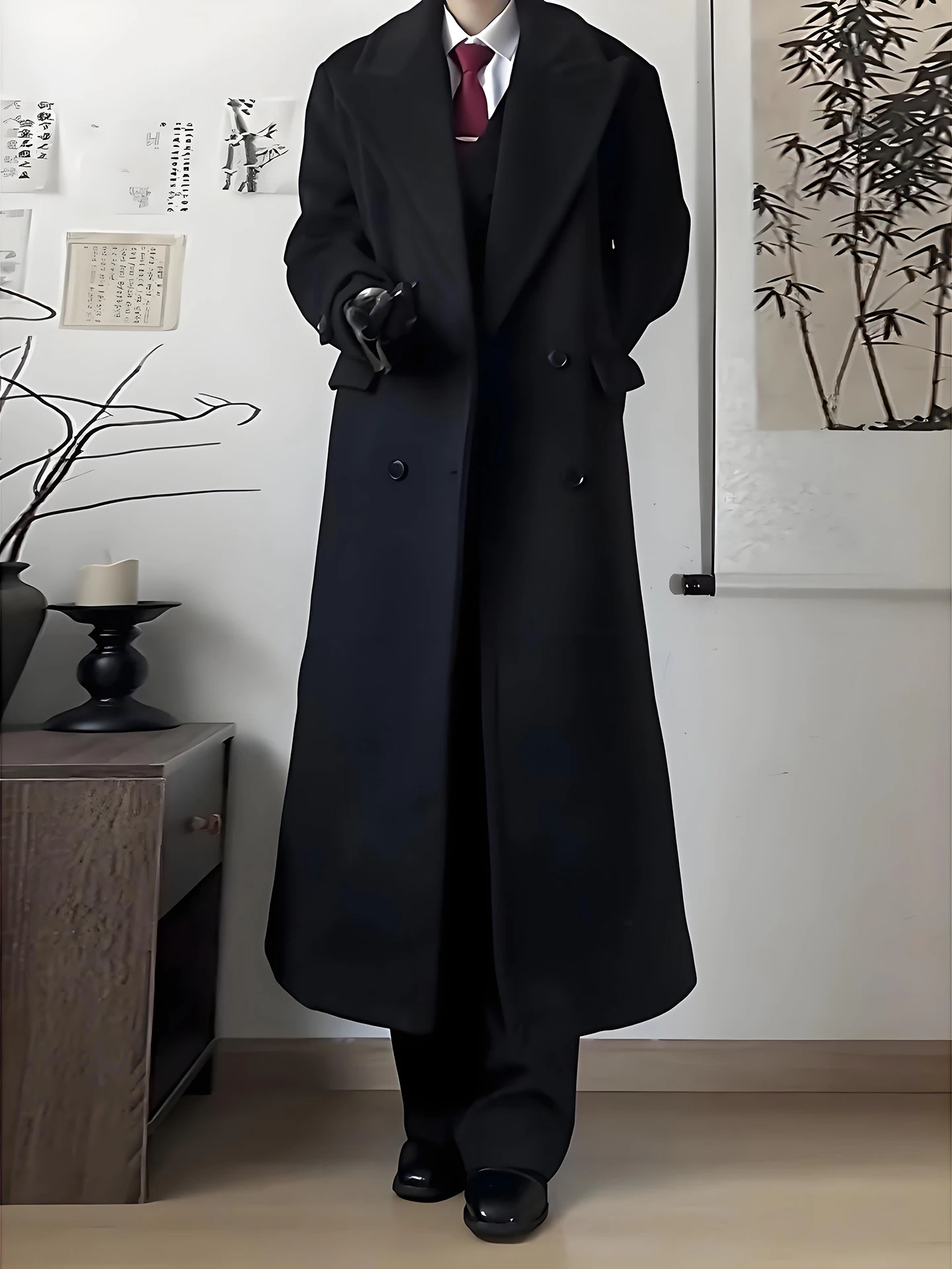 

Naples Men's Mid-Length Woolen Coat Bla Cotton Lined Winter Jaet Briti Sle Windbreaker Loose Fit Long Sve Warmth