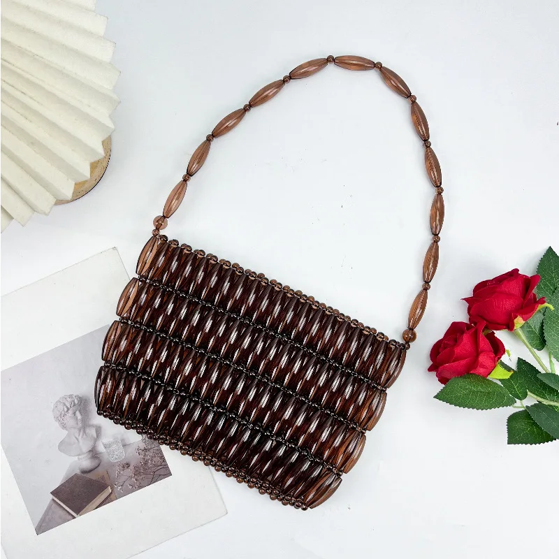 Fashionable Coffee-colored  Handmade Acrylic Beaded Bag  Handwoven Hollowed-out Women's Summer Retro Handbag for Summer Vacation