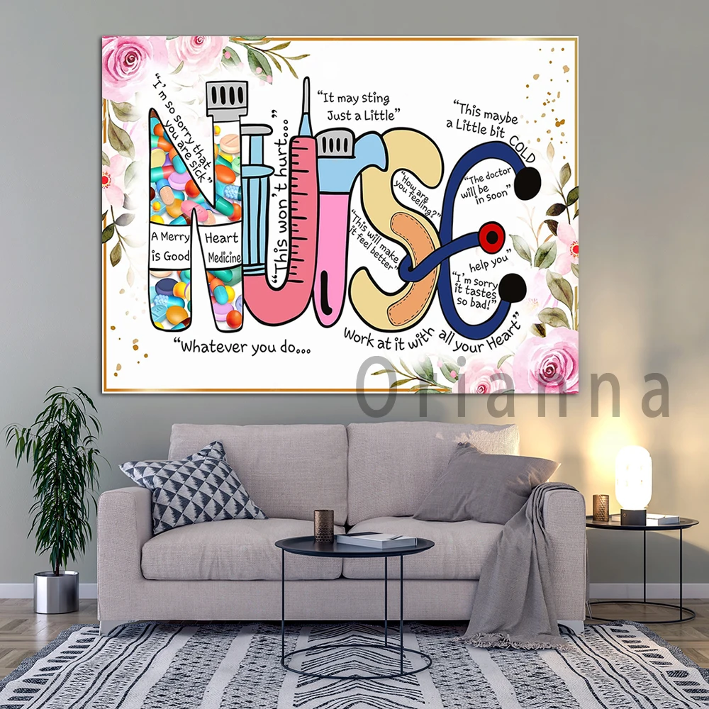 Floral Nurse Meaning Abstract Medical Tools Wall Art Canvas Prints Poster Office Decor Painting Nurse Graduation Retirement Gift