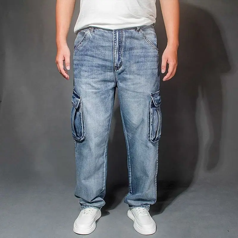 

Spring Autumn New Loose Jeans Men Denim Pants Straight Pocket Baggy Casual Streetwear Hip Hop Brand Blue Wide Leg Cargo Trousers