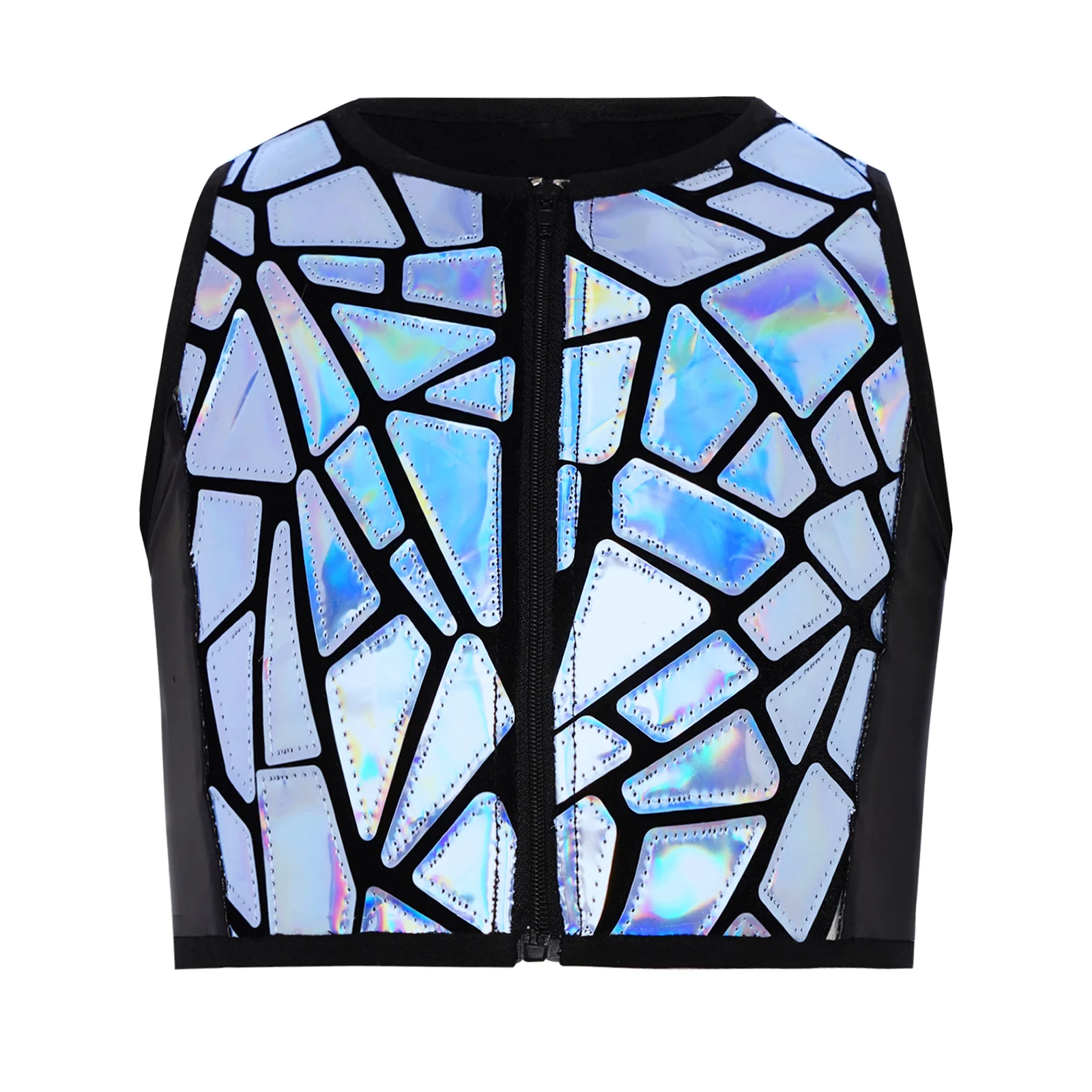 

Kids Girls Sequins Ballet Dance Crop Top Sleeveless Front Zipper Design Metallic Vest Crop Tops Gymnastics Jazz Dancing Costume