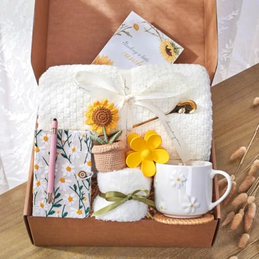 

Подарки для женщин: уютный набор для ухода за собой, тематический набор для ухода с подсолнухами на тему выздоровления и дня рождения, подарок, который дарит солнечное настроение.