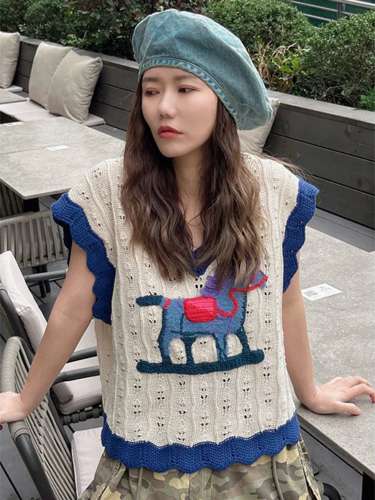 Design Sweet Knitwears Vest Contrast Color Cartoon Embroidery Sweater Hollow Out V Neck Sleeveless Crop Tops Summer Thin Jumpers