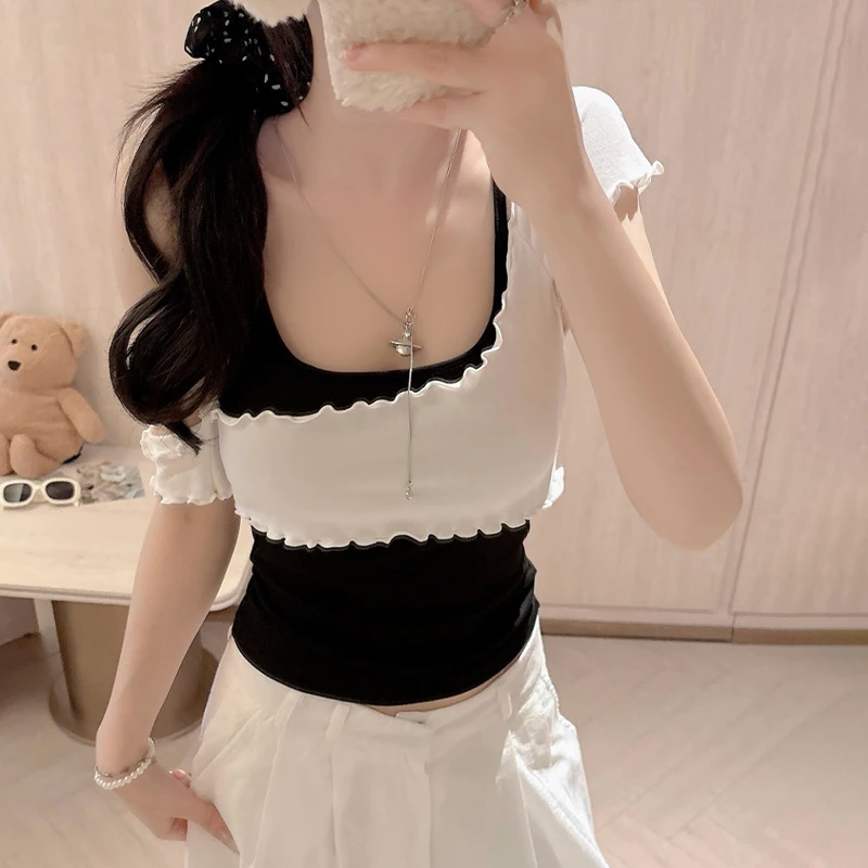 T-shirt estiva Gilet sexy con scollo all'americana + T-shirt a maniche corte con spalle scoperte Set da due pezzi per donna