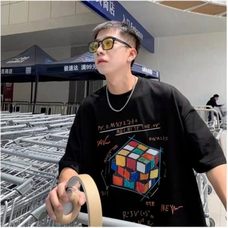 8XL Korean loose fitting new fashion trend American retro cube print T-shirt cotton casual men's multifunctional couple set