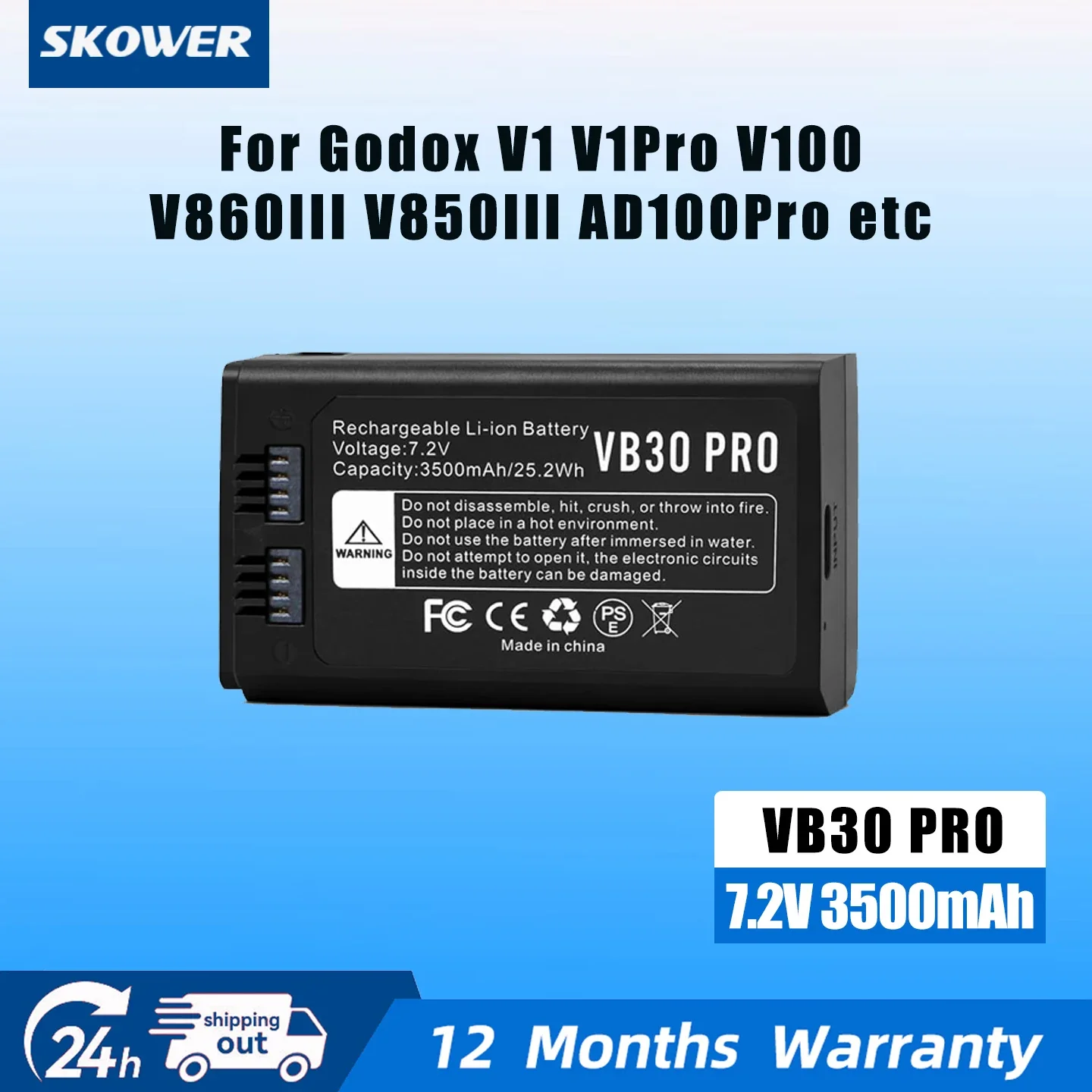 SKOWER 3500mAh VB30 Lithium-Ion Battery Pack Type-C Charge For GODOX V100 V1Pro V1 AD100PRO V860III Camera Flash Speedlite
