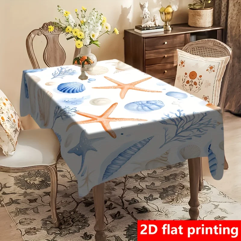 1Pc Marine Style Tablecloth Blue White Starfish Shell Print Table Cover For Dining Room Kitchen Home Decor  Rectangula