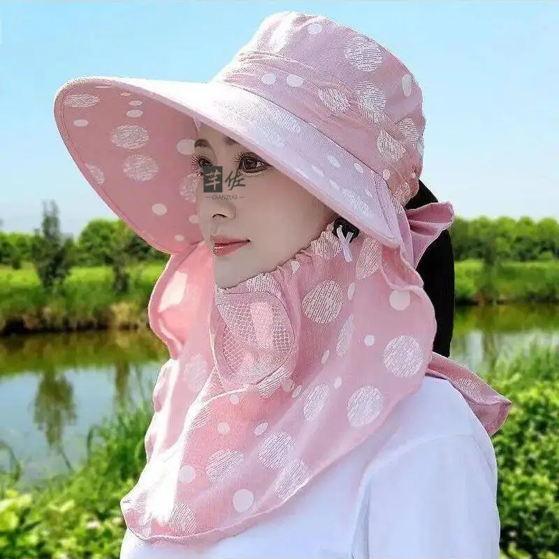 Women's Cotton Linen Sunscreen Hat Large Brim Windproof Face Covering Summer Farm Work Cap Stylish Protective Headwear