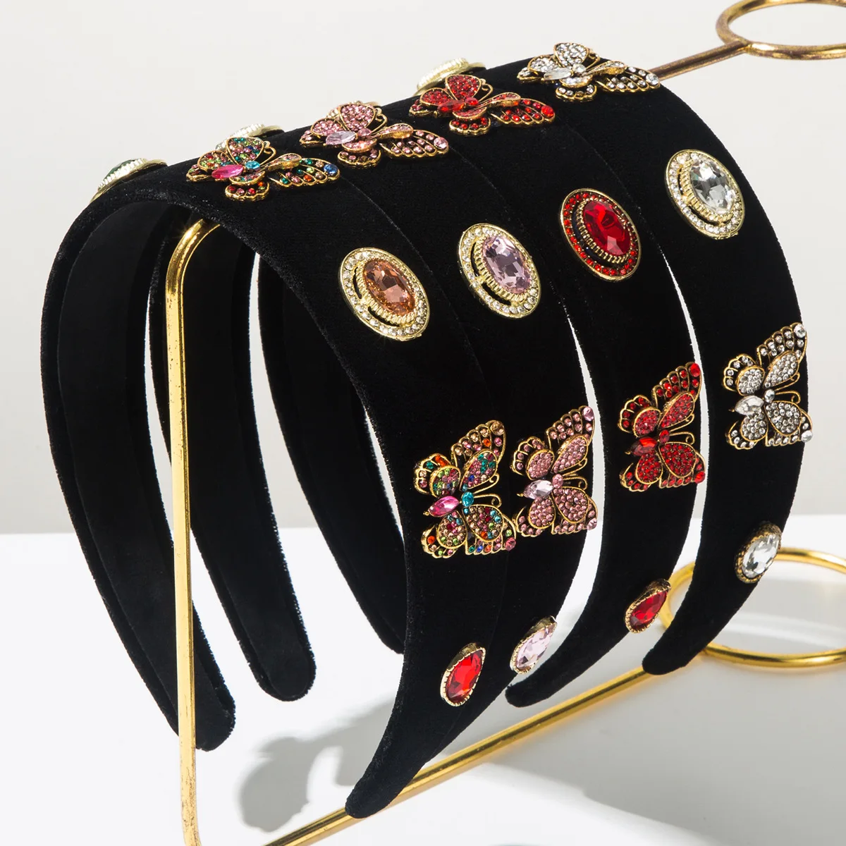 

European and American Fashion Wide-edge Velvet Fabric Baroque Diamond Butterfly Headband Women's Hair Accessories