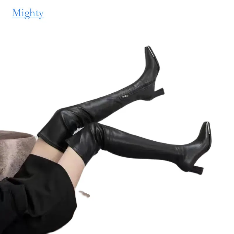 

2024 Elastic Over Knee High Thigh Boots Women Autumn Winter Thin Square Thick Heel Side Zipper Female Platform Leather Shoes