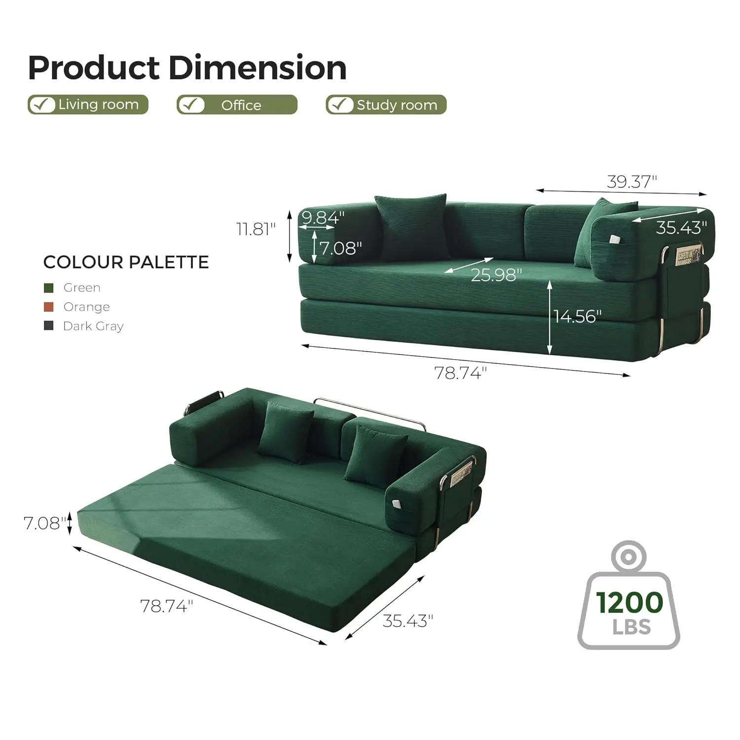 Fixed Shape Frame Boneless Sleeper Sofa 79 Inch Corduroy Convertible Sofa Bed Foldable Couch with Pillows Indoor Decor