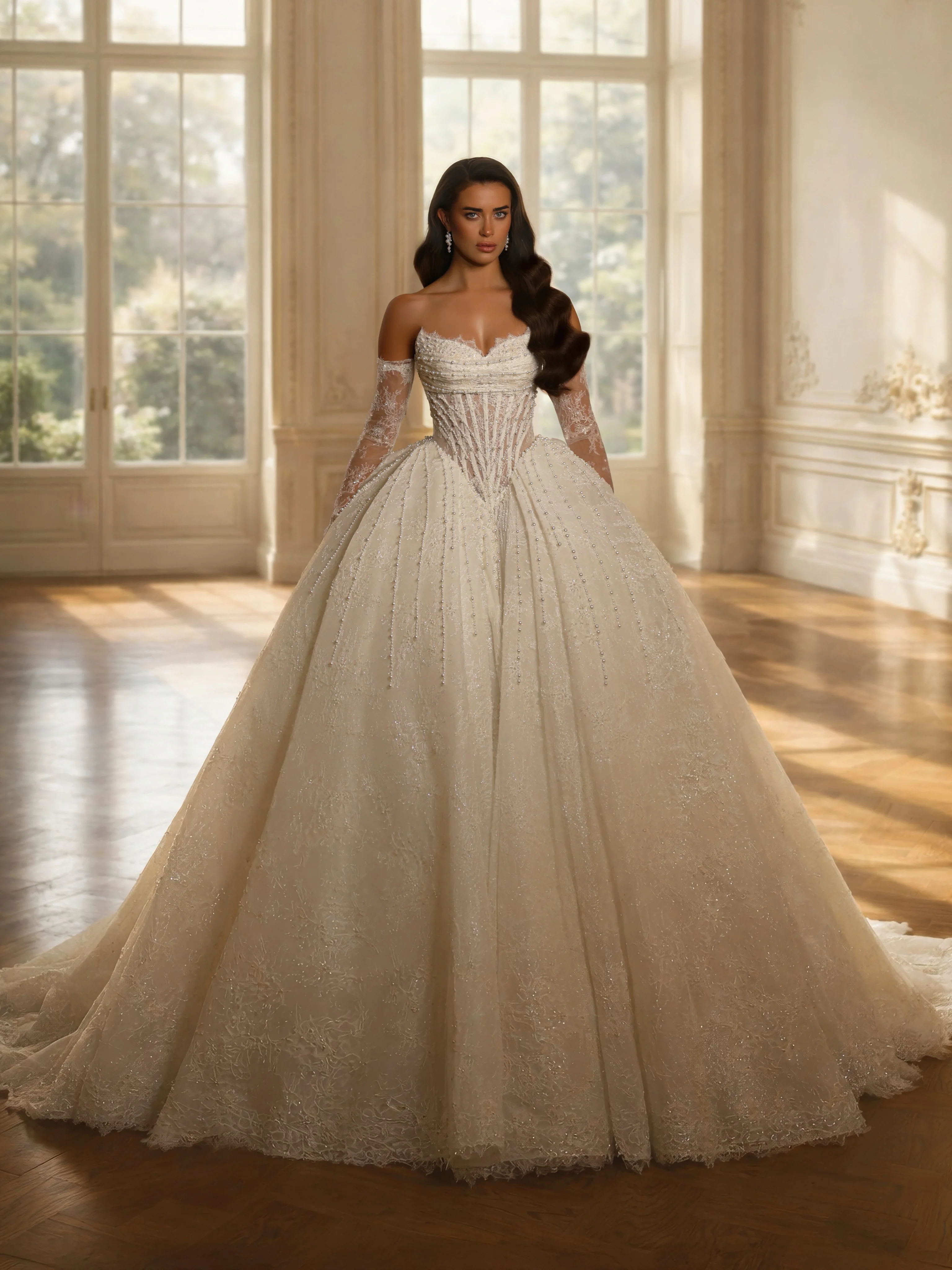 Luxury Beaded Lace Ball Gown Wedding Dress Off Shoulder Long Sleeves Corset Bodice Sparkling Princess Vestido De Novia