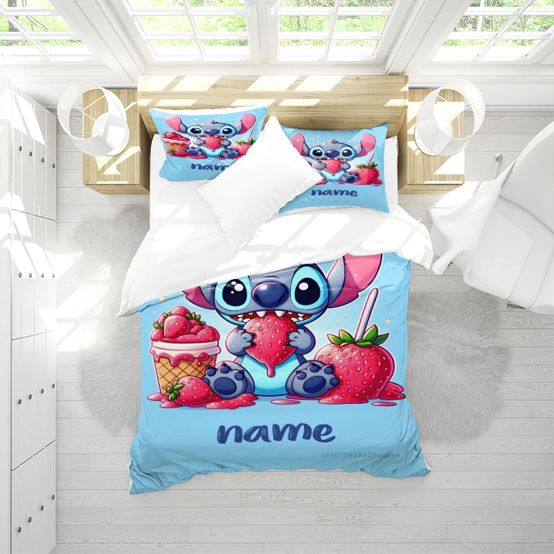 Duvet Cover Custom Name Stitch Eating Strawberry Blue Background Large King Size Children Adult Gift