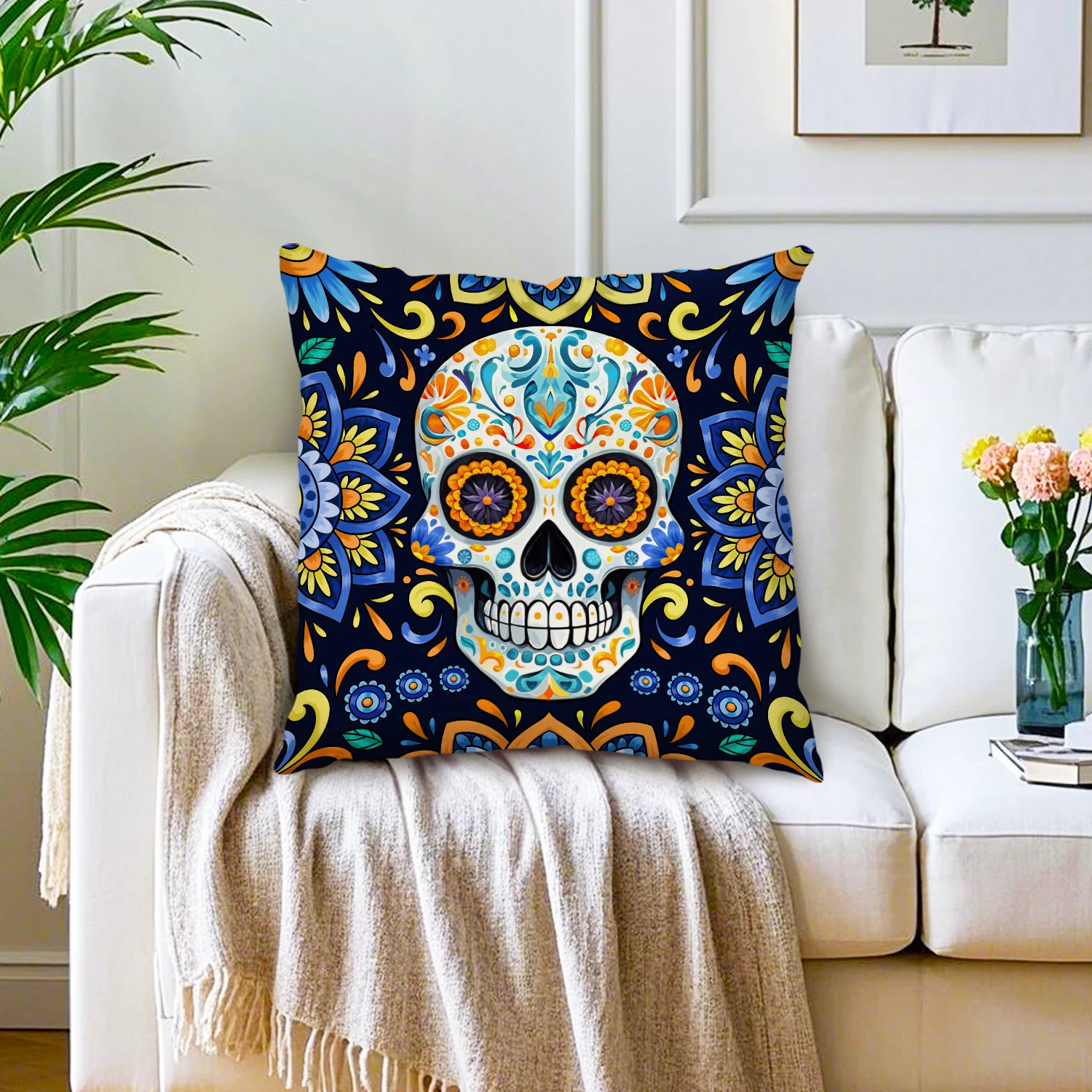 Day of the Dead Sugar Skull Cushion Cover Calavera Floral Mexican Decorative Pillow Case for Sofa Living Room Bedroom Home Decor
