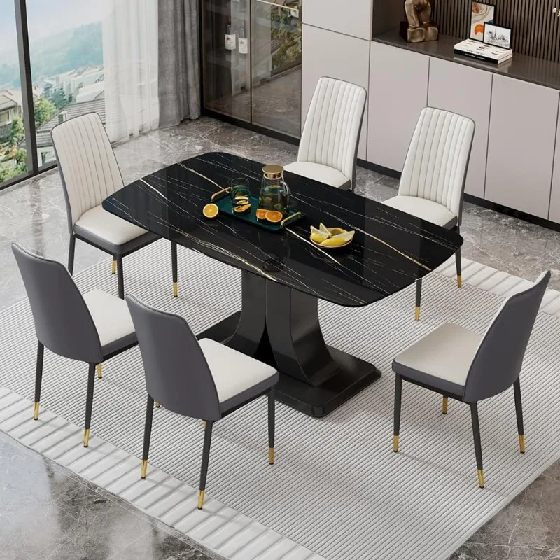 Modern Dining Table Set for 6, Marble Kitchen Table Chair Set for 6, Rectangular Kitchen Table with 6 Pu Leather Upholstered