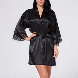 Women Sexy Ice Silk Lingerie Satin Robes With Belt Kimono Sleepwear Solid Long Sleeve Lace Nightdress Comfortable Nightwear