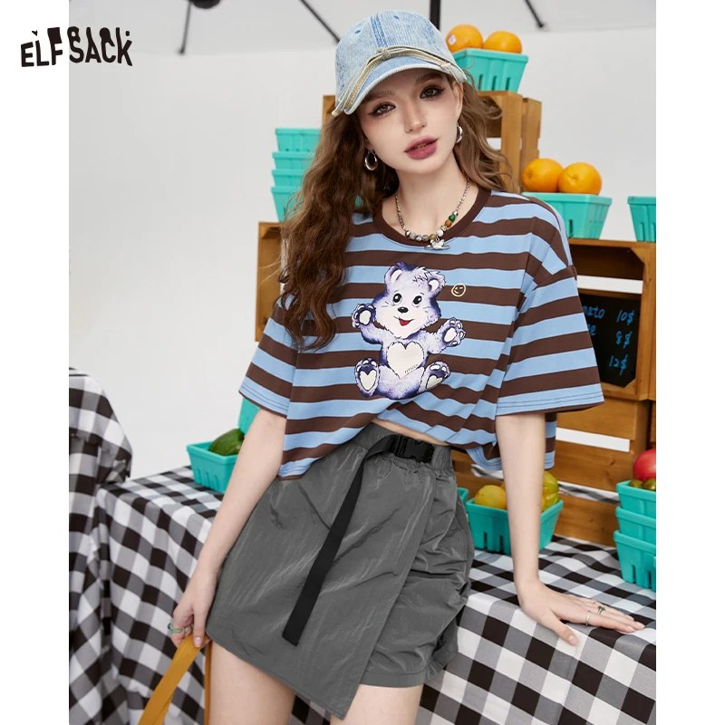 

ELFSACK 2024 summer new arrival picnic travel vacation holiday soft comfortable fitted bear print striped short sleeved t-shirt,