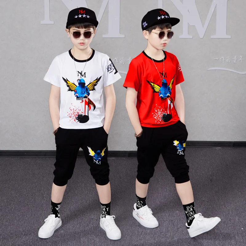 2024 summer Teenager Boys Clothes Casual Outfit Kids Tracksuit Children set loose print t shirt + fifth pant 4 5 6 7 12 Year