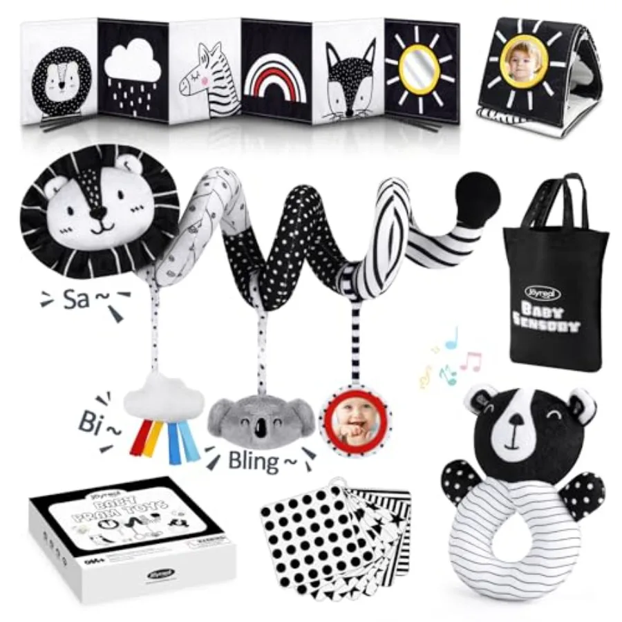 

High Contrast Baby Toys for Newborn, Baby Sensory Toys with Car Seat Toys, Infant Toys with Black White Cards Book, Montessori