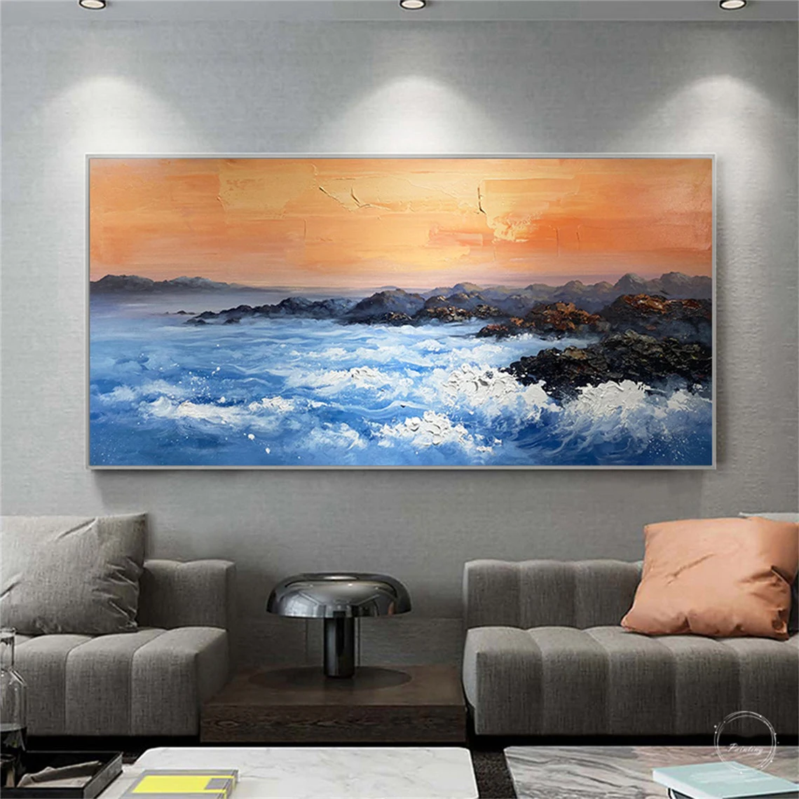 Blue Sea Wave Abstract Hand Painted Oil Painting Wall Art Wall Decor Orange Texture Acrylic Seascape Artwrok For Home Decoration