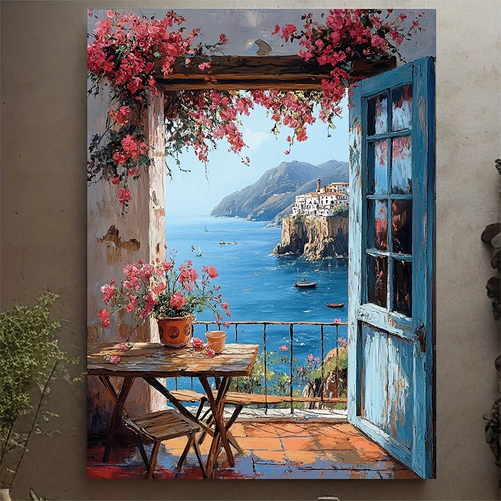 Mediterranean Window View Canvas Art - Amalfi Coast & Tuscan Landscape Painting, for Coastal Home Accent, Frameless, Office, It