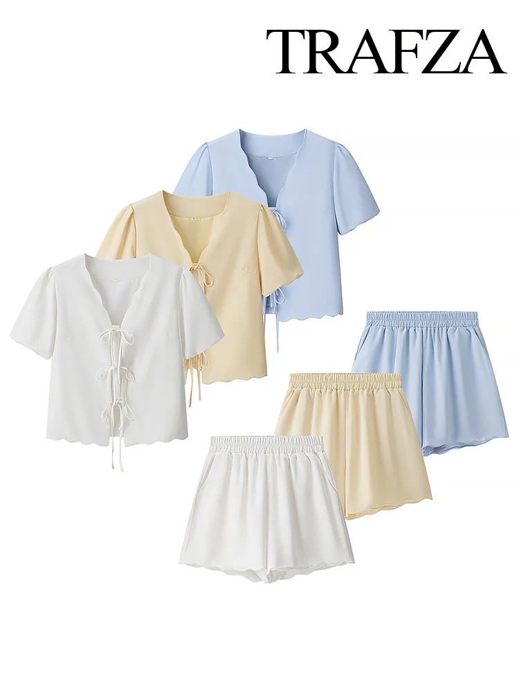 HH 여성 우아한 솔리드 레이스 반팔 크롭 웨이브 사이드 V넥 탑+엘라스틱 웨이스트 사이드 포켓 캐주얼 슬림 반바지 세트