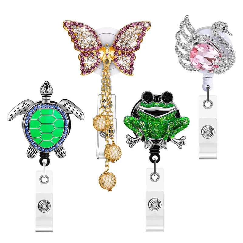 Animal Diamond Butterfly Swan Badge Reel Easy Pull Retractable Staff ID Tag Name Work Pass Card Clip Rotatable Badge Card Reels