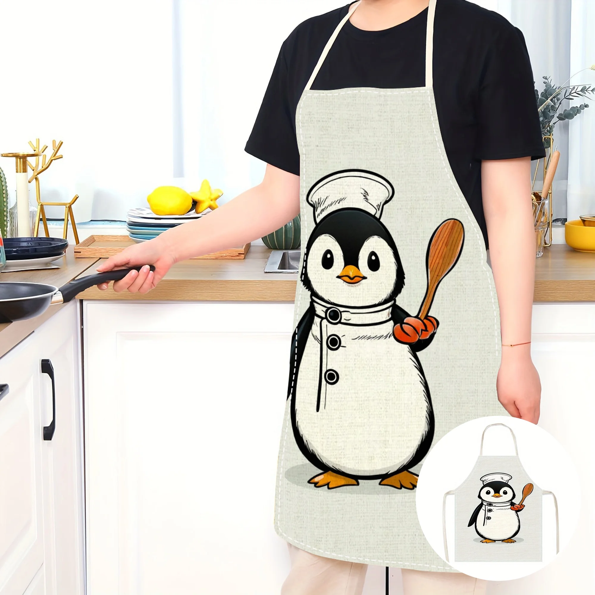 Cartoon Penguin Chef Character Apron Linen Kids Children Kitchen Baking Cooking Apron Cute Animal Design Birthday Gift Idea