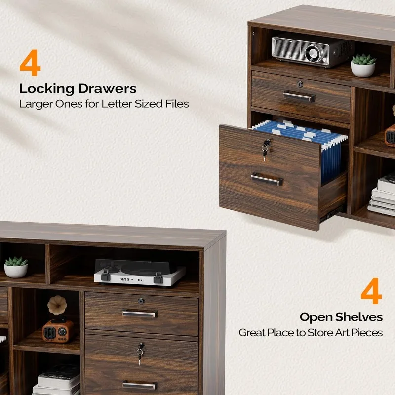 VINGLI Wide 4 Drawer File Cabinet with Lock, Wood Lateral File Cabinet with Open Shelves, Lockable Rolling File Cabinets