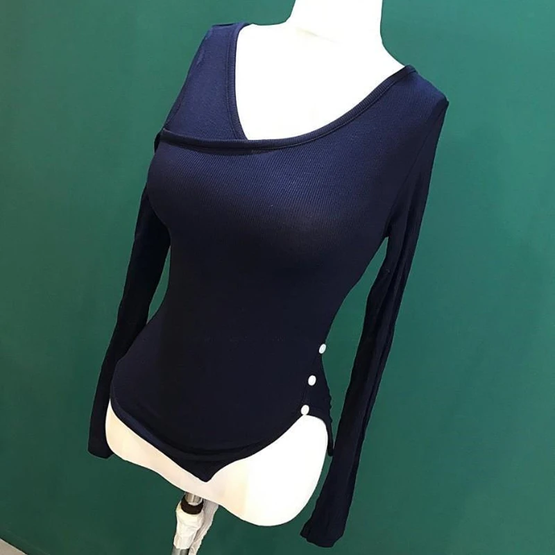 T-shirt lunga Sve V-Ne slim fit Strato base da donna irt Coreano Sle Autunno Faion Miscela di cotone confortevole e traspirante