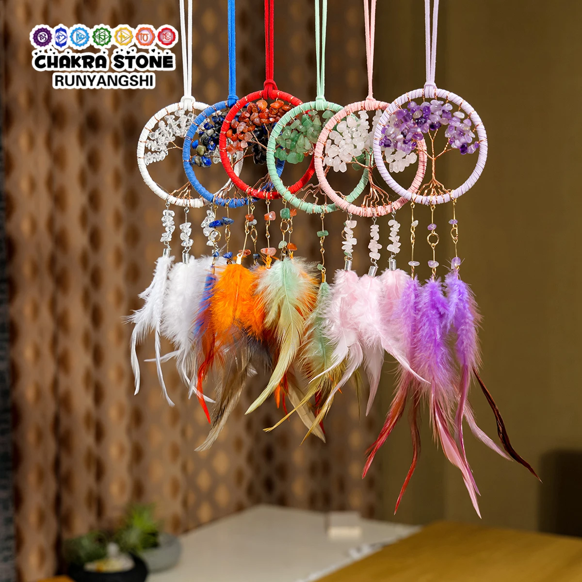 1PC Natural Crystal Tree Life Handmade Weave Dreams Catcher Car Hanging Pendant Amethyst Window Home Decoration