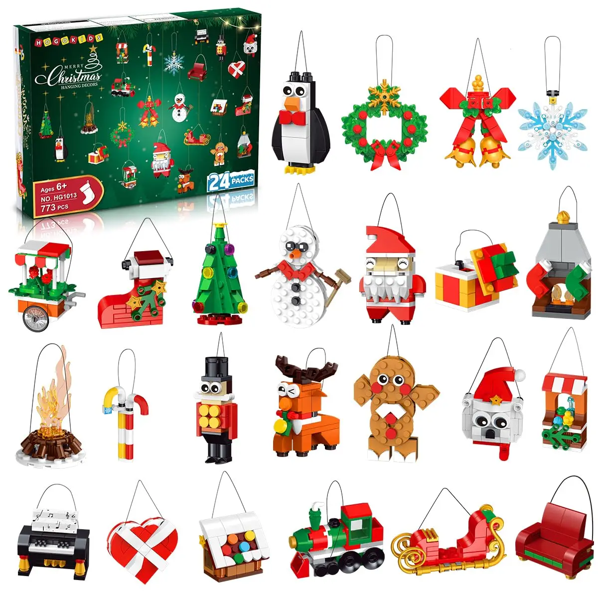 HOGOKIDS 24 Packs Christmas Decor Building Set-Hanging Santa Snowman Gingerbread Reindeer Nutcracker Snowflake Toy Gift for Kids